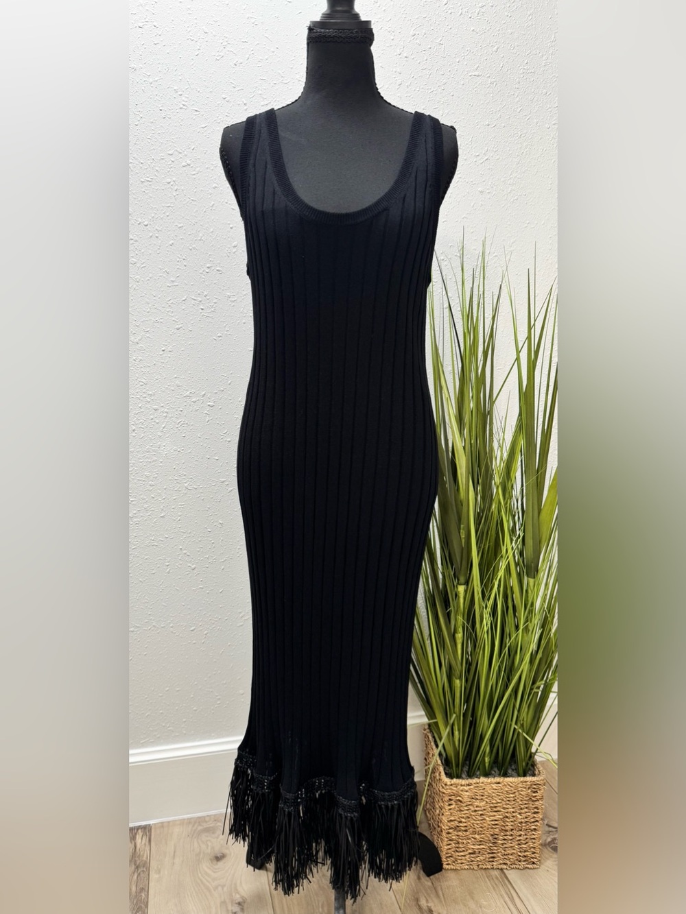 ANTONIO MELANI Black Ribbed Tank Midi Dress with Fringe Hem